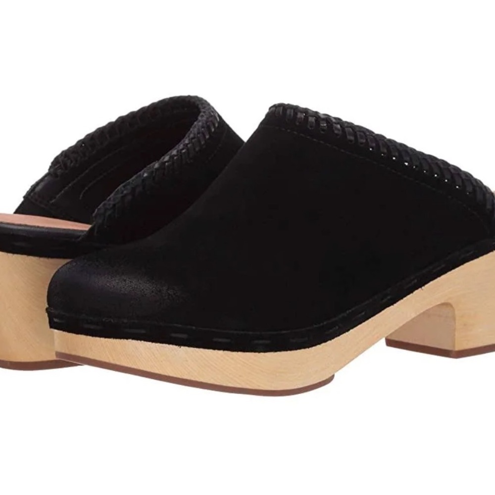 FRYE & CO Odessa Braid Suede Wooden Clog Mules Black Platform 7